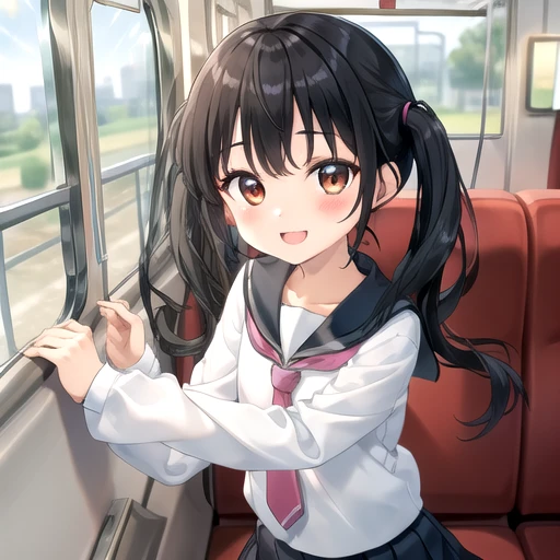 ((masterpiece)),(best quality),official art,extremely detailed CG,unity 8k wallpaper,ultra detailed,train interior,1girl,solo,upper body,looking at viewer,petite,child,very long hair,twintails,black hair,brown eyes,smile,school uniform,white shirt,serafuku,pink necktie,black thighhighs,pleated skirt,black skirt,loafers,<lora:Anjou Ruka(cur):0.8>,