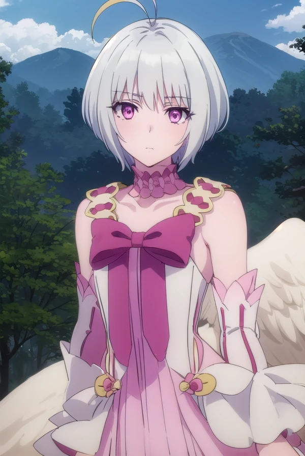 fitoria, <lora:fitoria s1-lora-nochekaiser:1>,
fitoria, short hair, white hair, (pink eyes:1.3), ahoge, antenna hair,
BREAK dress, bow, detached sleeves, wings, choker, feathered wings, angel wings, frills, pink bow,
BREAK outdoors, forest, nature, sky, sun, clouds,
BREAK looking at viewer, (cowboy shot:1.5),
BREAK <lyco:GoodHands-beta2:1>, (masterpiece:1.2), best quality, high resolution, unity 8k wallpaper, (illustration:0.8), (beautiful detailed eyes:1.6), extremely detailed face, perfect lighting, extremely detailed CG, (perfect hands, perfect anatomy),