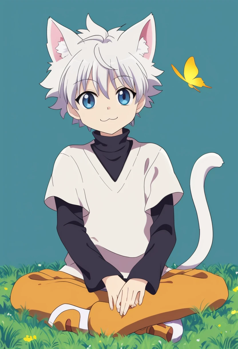 aullik, solo, smile, short hair, bangs, blue eyes, simple background, shirt, long sleeves, 1boy, white background, animal ears, hair between eyes, sitting, closed mouth, tail, full body, white shirt, white hair, short sleeves, male focus, shoes, shorts, cat ears, cat tail, looking to the side, black shirt, :3, turtleneck, grass, bug, butterfly, kemonomimi mode, indian style, layered sleeves, short over long sleeves, cat boy, yellow butterfly