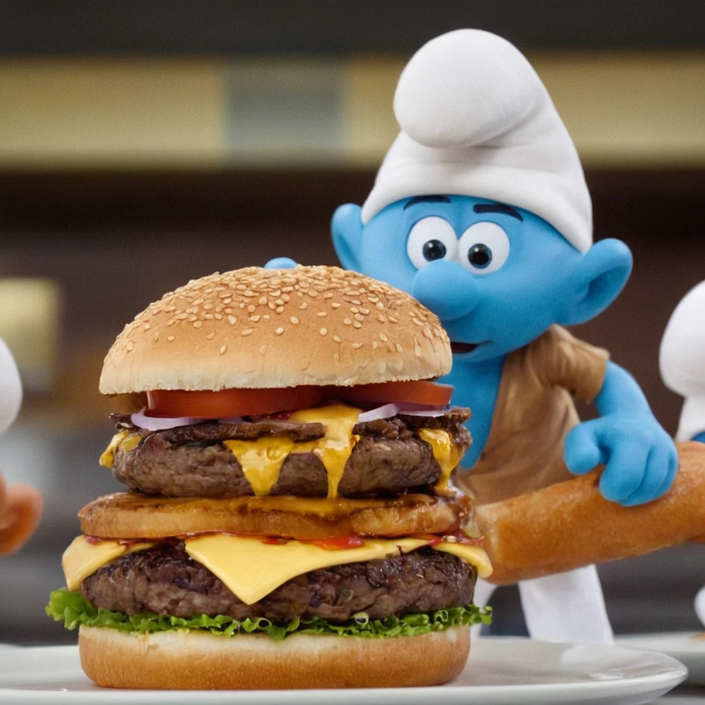 cinematic photo a smurf is a waiter in a fast food, giant hamburger <lora:Smurfs1024:0.6>  . 35mm photograph, film, bokeh, professional, 4k, highly detailed