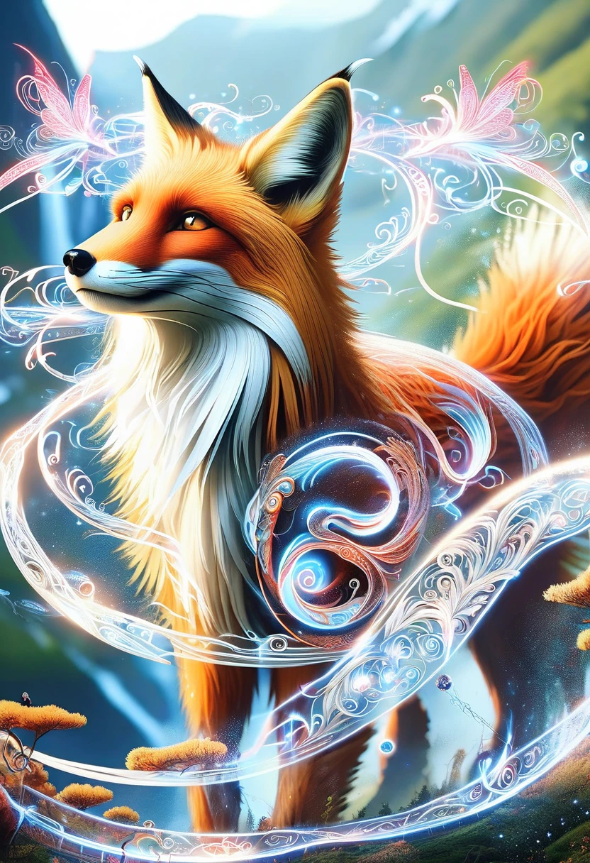 hyper detailed masterpiece, dynamic,awesome quality,DonM3lv3nM4g1cXL magic, ,manananggal, mythical creature, japanese folklore, intelligent, humanform with multiple foxtails to denote their age and power, fox ears, red face paint, white slim face, fantasy <lora:DonM3lv3nM4g1cXL-v1.1-000006:1>