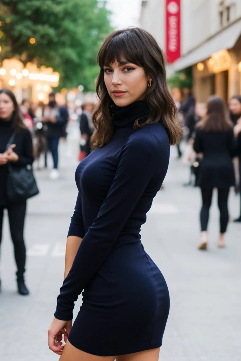 <lora:mondongo_LoRA_UrsulaCorbero:1> mndngwmn, bangs, wearing a turtleneck bodycon dress