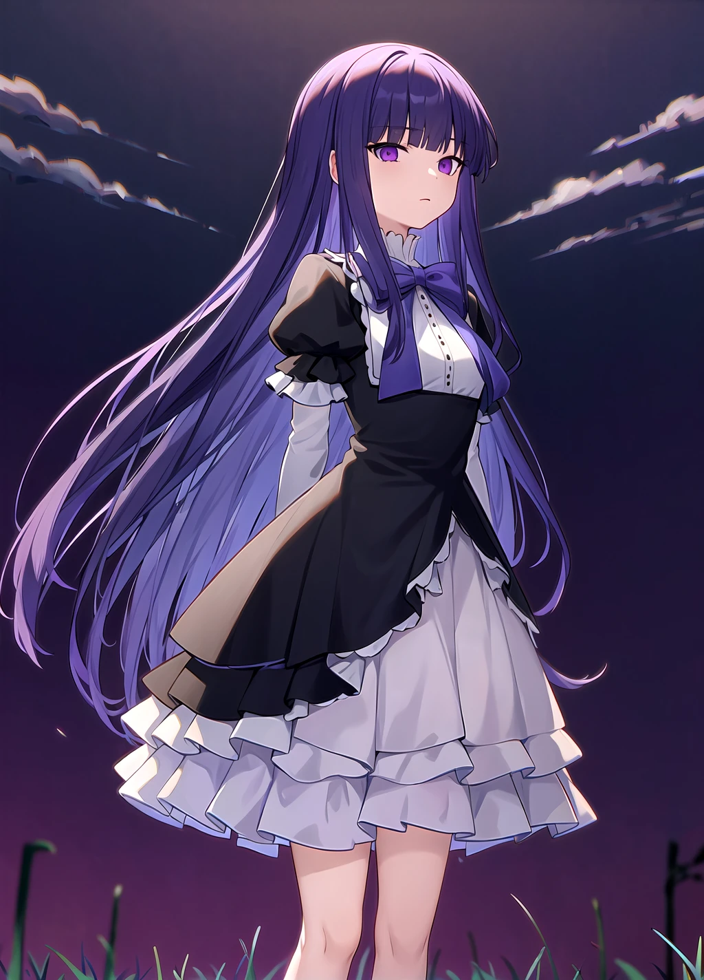masterpiece, best quality, highres, Frederica Bernkastel, small breasts, red lights everywhere, standing, outdoors, hands behind your back, background empty field to the horizon, dark background, dark clouds sky, long hair, blue hair, blunt bangs, purple eyes, bowtie, frills, black dress, puffy sleeves, short over long sleeves, long sleeves, legs, dress, <lora:Frederica Bernkastel anylora8ep40r50r80r-000006:0.7>, cat tail