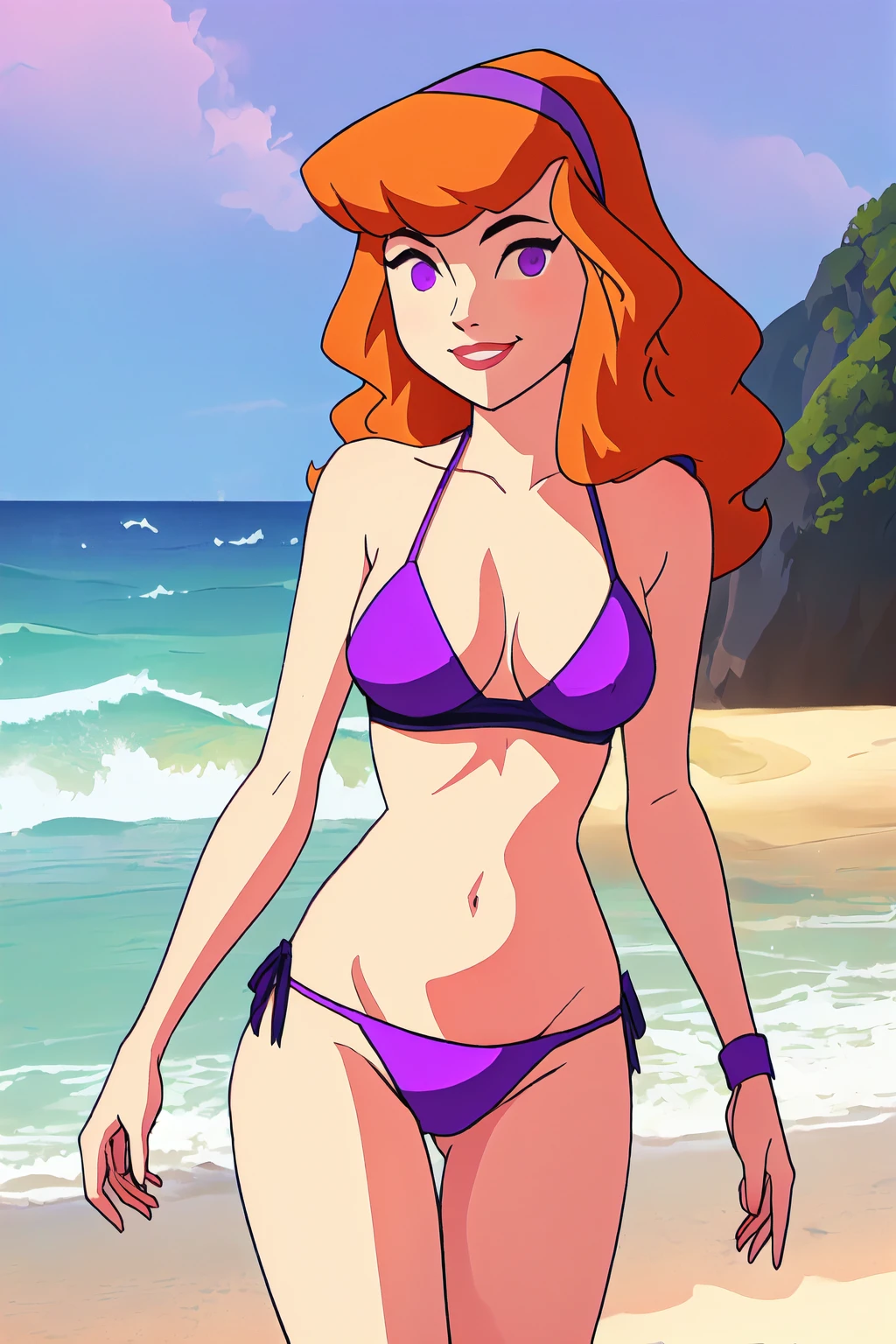 dbv1, orange hair, hairband, (purple bikini), purple eyes, 1girl, cowboy shot, smile, looking at viewer, beach background, <lora:DaphneBlake-step00001900:1.0>