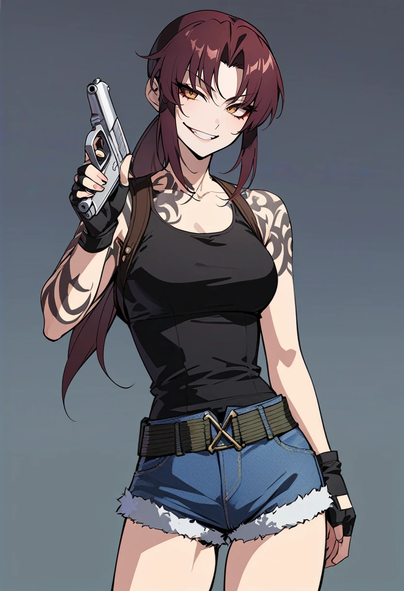 score_9, score_8_up, score_7_up, source_anime, revy, evil smile, ponytail, black tank top, fingerless gloves, denim shorts, holster, belt, green combat boots, crossed_legs, sitting, chair, looking down, from bottom, looking at viewer femdom, sadism, penis, testicles, trampling, boots crushing penis, stepped_on, penis, sadism, cum on boots, footjob, nsfw, uncensored