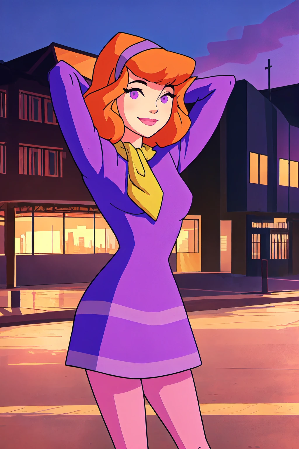 dbv1, orange hair, hairband, purple dress, short dress, pink pantyhose, purple eyes, 1girl, cowboy shot, smile, looking at viewer, city background, arms behind head, <lora:DaphneBlake-step00001900:1.0>