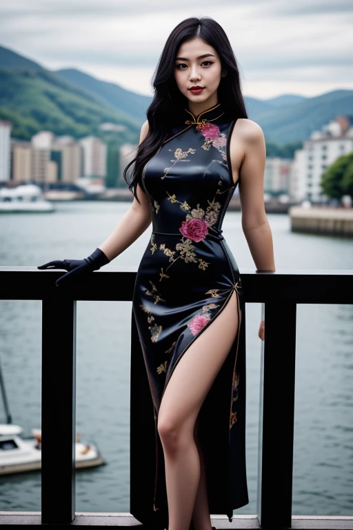 1 woman, 22yo, realistic, masterpiece, high detailed skin, looking at viewer, full body shot, scenic view, long hair, black hair
<lora:Latex_SideSlit_Cheongsam_By_Stable_Yogi:0.6> latex print, black cheongsam, black gloves, pantyhose, fishnets, side slit