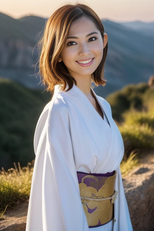 1girl,(wearing a gorgeous kimono:1.2),sash,obi,(RAW photo, best quality), (realistic, photo-realistic:1.4), masterpiece, an extremely delicate and beautiful, extremely detailed, 2k wallpaper, Amazing, finely detail, extremely detailed CG unity 8k wallpaper, ultra-detailed, highres, soft light, beautiful detailed girl, extremely detailed eyes and face, beautiful detailed nose, beautiful detailed eyes,cinematic lighting,(on a mountain top,sunrise,new year sunrise),perfect anatomy,slender body,smiling 
 <lora:ichikawayui_lora:0.8> <lora:new_hefu_:0.5>