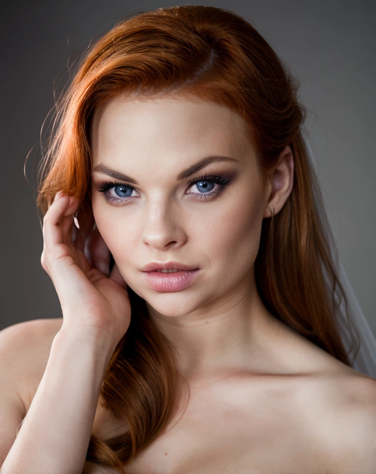 cinematic film still <lora:quiron_TarraWhite_v1_lora:0.97> TarraWhiteQuiron a redhead woman wearing Sheath wedding dress,, skin pores, perfect iris, perfect eyes, serious, portrait, linkedin, grey background, . shallow depth of field, vignette, highly detailed, high budget Hollywood movie, bokeh, cinemascope, moody, epic, gorgeous, film grain, grainy