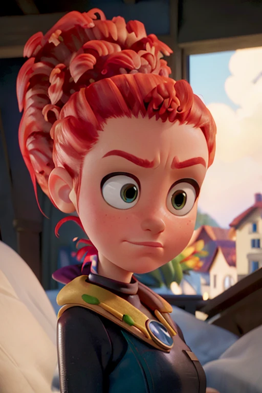 Tulip From Storks, bushy ponytail,  portrait,  3d,  catoon,  pixar, neutral expression,  soft smile,  closed mouth,  close up,  adult,  spy suit,<lora:EMS-266278-EMS:1.000000>