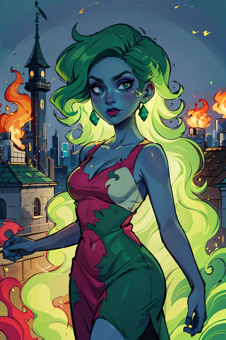 ((masterpiece,best quality)), absurdres, <lora:Fiery_Hair:0.8>, Fiery_Hair, 1girl,  long hair, covered in flames, dress, green eyes, green hair, makeup, colored skin, lipstick, building, city, green skin,