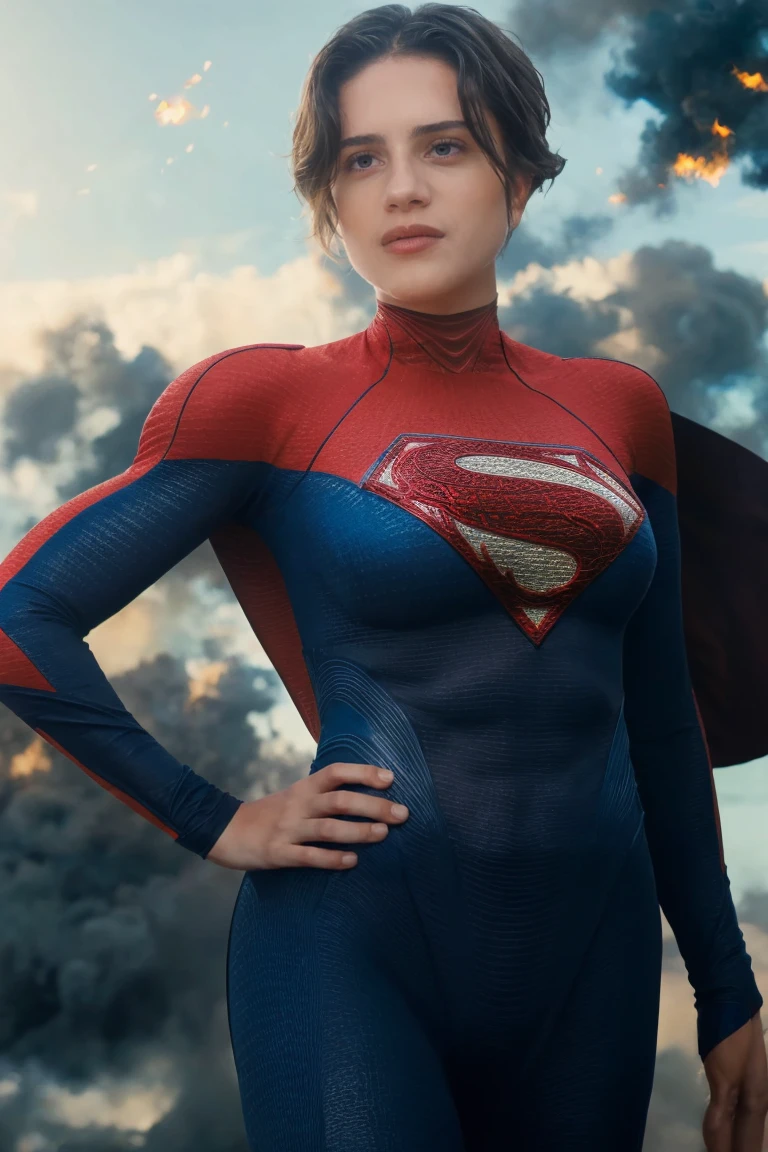 solo, 1girl, 5uper, supergirl, black hair, pixie haircut, blue eyes,muscular strong body,big bulging biceps, blue bodysuit,posing,flexing, long sleeves,in gym,lifting weights,high detail,realistic
