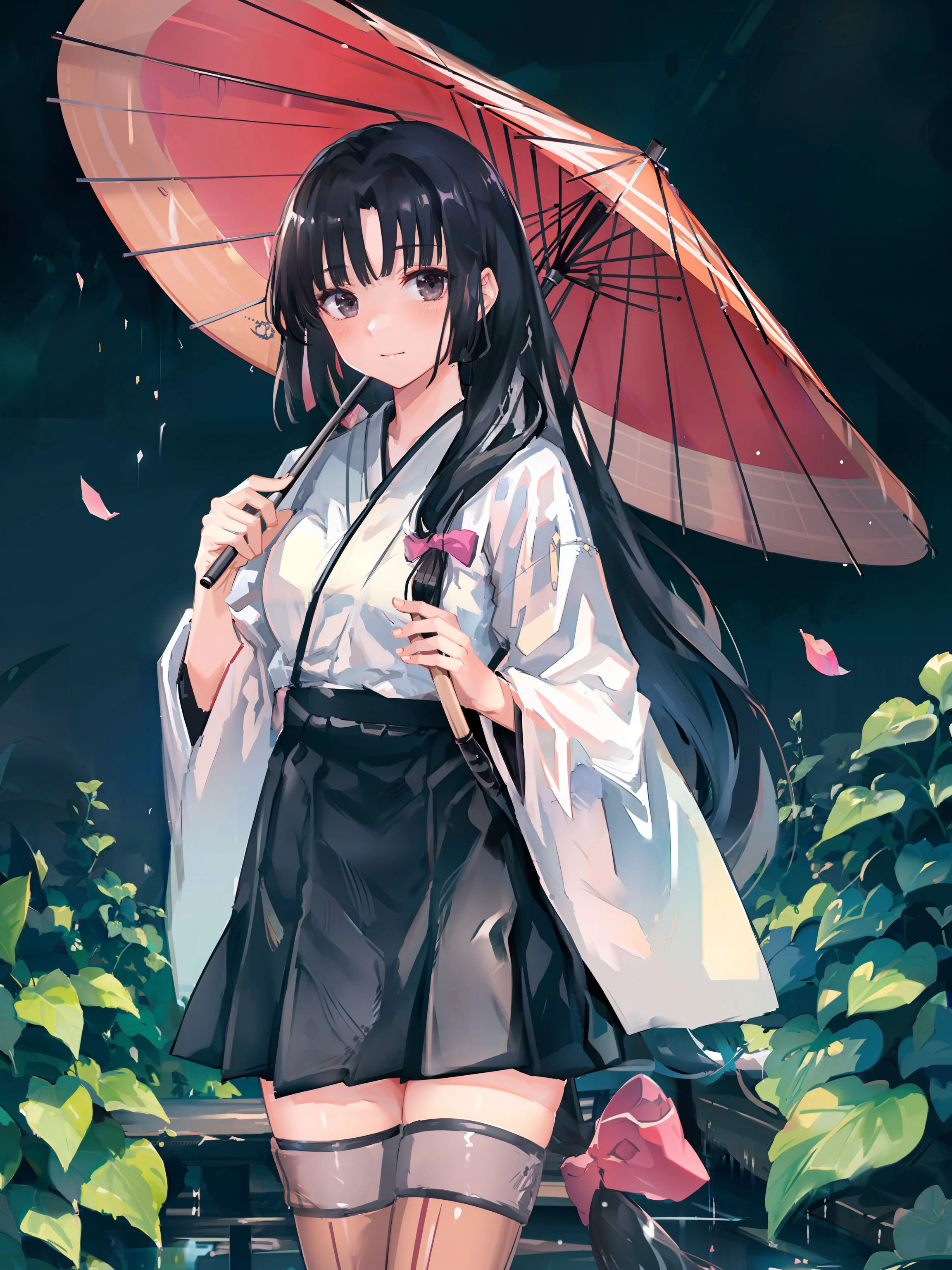 shouhou \(kancolle\), 1girl, solo, hydrangea, rain, umbrella, skirt, flower, thighhighs, japanese clothes, oil-paper umbrella, hakama skirt, hakama, low-tied long hair, black thighhighs, holding umbrella, holding, zettai ryouiki, wide sleeves, ribbon, kimono, hakama short skirt, blush, pleated skirt, long sleeves, black eyes, bow, black skirt, closed mouth, cowboy shot, bangs, original, intricate detail, illustration, masterpiece, extremely detailed CG unity 8k wallpaper, highlight, sharpening, dynamic, <lora:Shoho:0.8>,