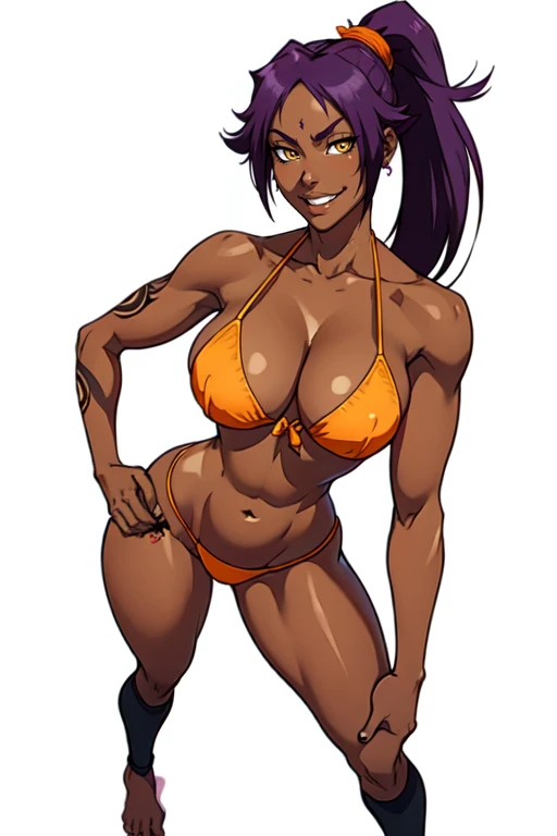masterpiece,best quality,extreme detail,8k,<lora:yoruichi:0.8>,yoru2, 1girl, solo, long hair, breasts, smile, large breasts, simple background, white background, navel, cleavage, swimsuit, full body, yellow eyes, ponytail, purple hair, bikini, barefoot, dark skin, dark-skinned female, hand on hip, tattoo, side-tie bikini bottom, front-tie top, orange bikini