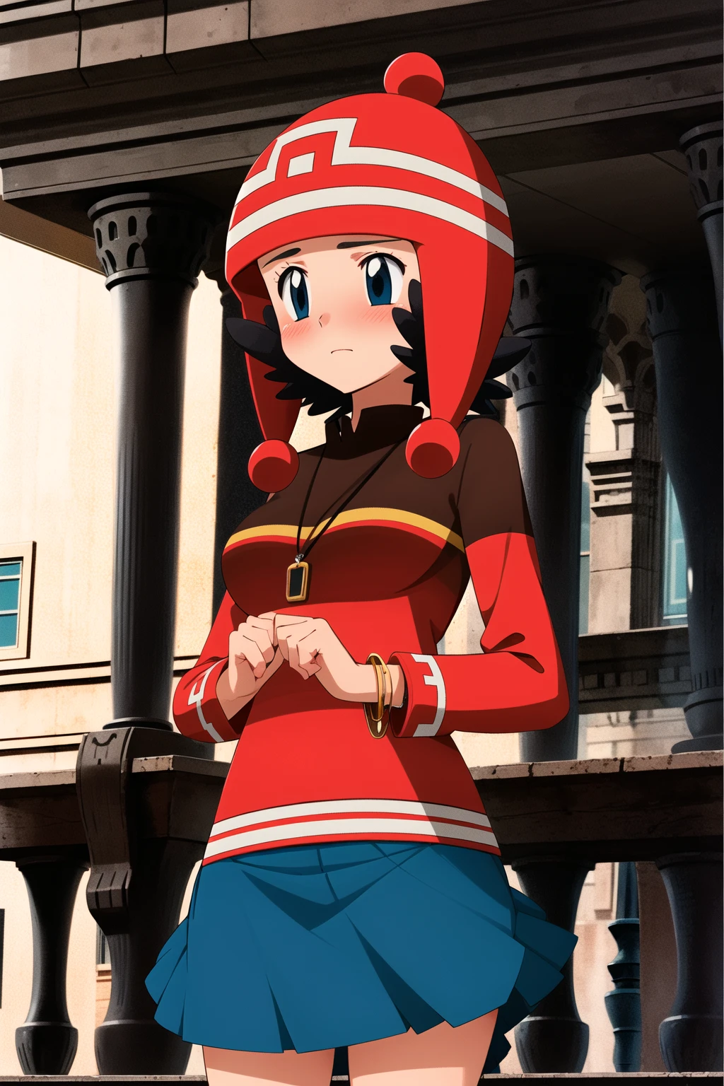Masterpiece, carlita, 1girl, blue eyes, skirt, blue skirt, black hair, hat, jewelery, standing, bracelet, red headwear, blush <lora:carlita:1>