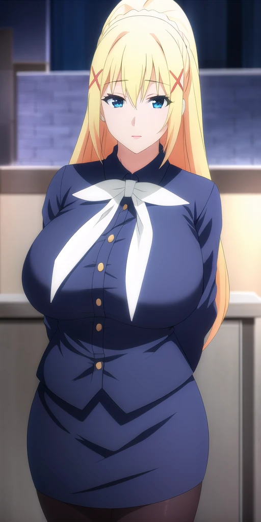 <lora:LalatinaV2:0.7> lalatinadustinessford, huge_breasts, standing, solo, Blue_skirt_suit_white_neckerchief_Black_pantyhose_Pencil_skirt_Miniskirt, starry_sky,, masterpiece, best quality, detailed face, detailed eyes, highres,