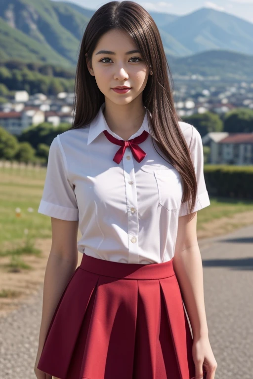 (masterpiece, best quality), 1girl,   Mion Sonozaki, green eyes, ponytail, || white shirt, red necktie, yellow vest, red skirt, yellow T-shirt,clothes around waist, jeans