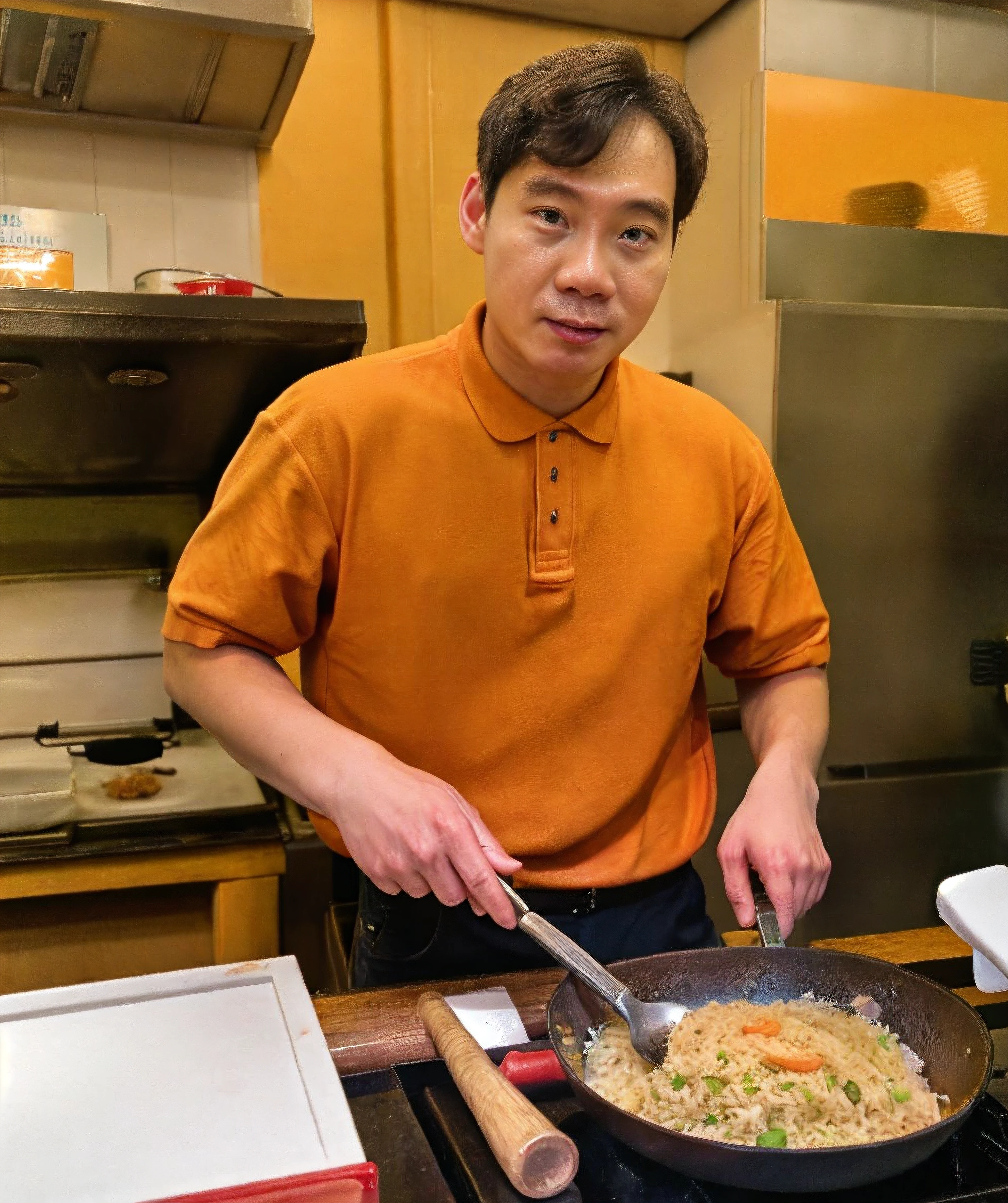 uncle_roger, cooking fried rice, orange shirt, looking at viewer, kitchen <lora:Uncle_Roger:0.95>