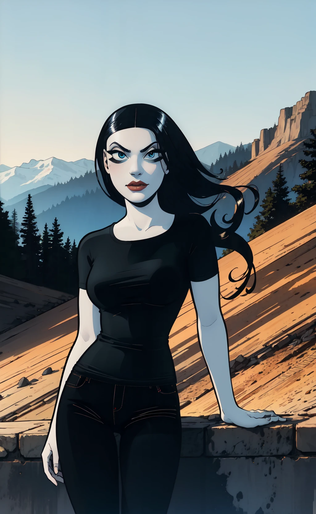 white skin, colored skin,( long hair:1.2,woman <lora:nemi:1.0> ,black pants, black shirt,cowboy shot, ), mountains in the background, facing viewer,