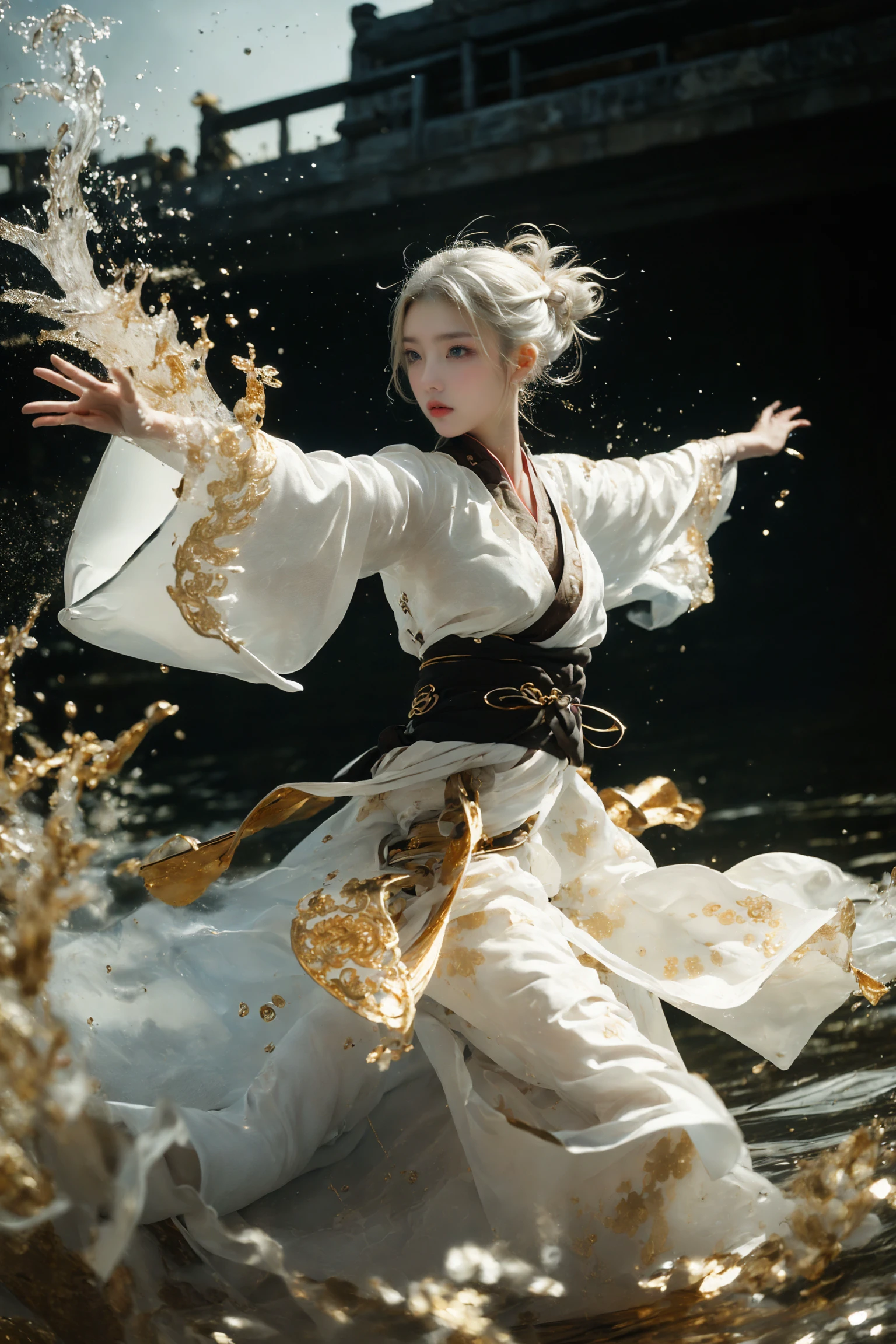 ultra high resolution, ((masterpiece))), (((best quality))), ((super detailed)),  ((extremely delicate and beautiful)),cinematic light, detailed environment(real), motion blur, depth of field,
1 girl,solo, (white hair:1.2), (dark Gold and light gold hanfu:1.2), wide sleeves,
wide sleeves, outstretched arms, fighting stance,
(splashing:1.3),
<lora:~Q?-kfOV3 xuer martial arts:0.8>