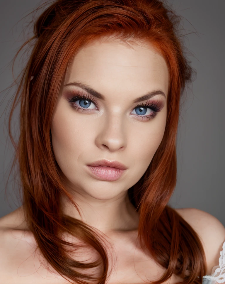 cinematic photo <lora:quiron_TarraWhite_v1_lora:0.97> TarraWhiteQuiron a redhead woman wearing Three-quarter sleeve wedding dress,, skin pores, perfect iris, perfect eyes, serious, portrait, linkedin, grey background, . 35mm photograph, film, bokeh, professional, 4k, highly detailed