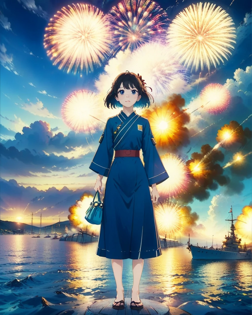 battleship, Spring Festival, Fireworks,  1girl, standing, <lora:BATTLESHIP:0.7>