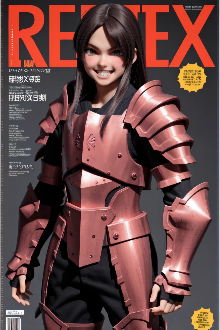 full armor, beefy, anime manga, village, blacksmith, forge, rpg, 1boy, male focus, face focus, grin, evil smile, teeth fang, magazine cover,