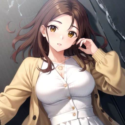 ((masterpiece)),(best quality),official art,extremely detailed CG,unity 8k wallpaper,ultra detailed,A lighthouse on a cliff by the sea,1girl,solo,upper body,(portrait:1.2),looking at viewer,long hair,brown hair,brown eyes,beige cardigan,open cardigan,green shirt,large breasts,white skirt,long skirt,high heels,<lora:Noda Akane(cur):0.8>,