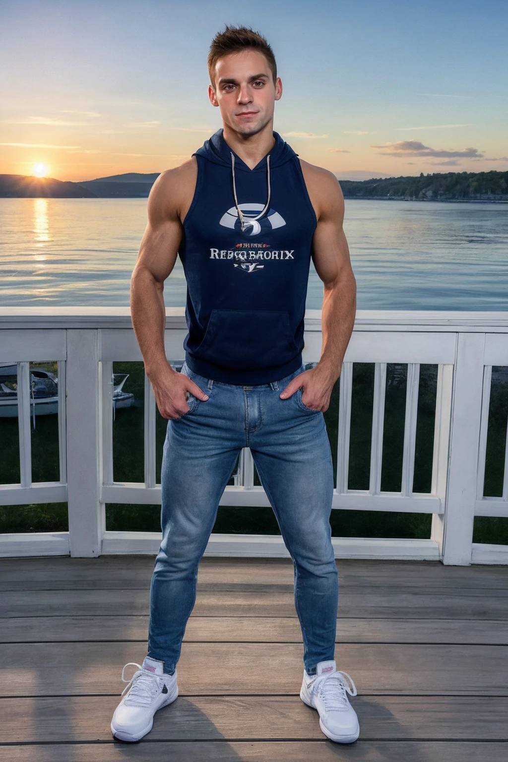full body, photo of sam_mikulak <lora:sam_mikulak-05:0.75> wearing a sleeveless hoodie and jeans and Reebok sneakers, relaxed confident expression, natural light, golden hour, relaxed natural pose, Mackinac Island, standing