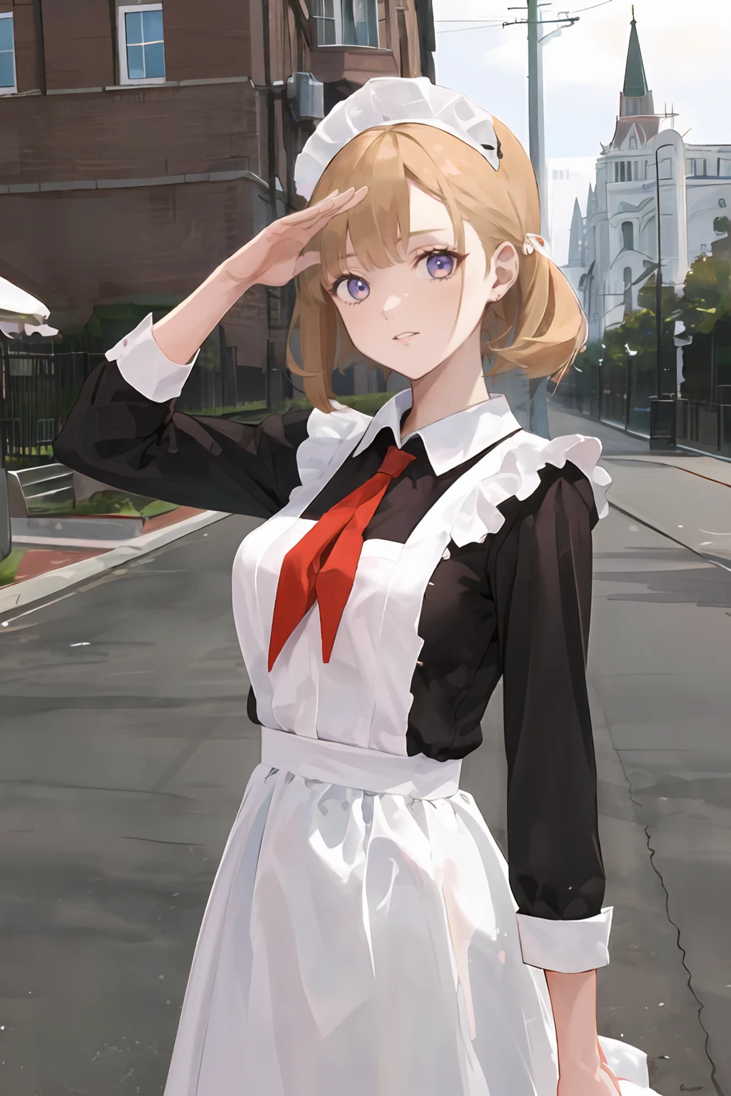 masterpiece,highres,1girl,kid,solo,blonde,cccpuniform,red neckchief,looking at viewer, 
white apron,(white collar:1.3) ,communism ideology,salute,red flag,moscow,outdoors,
 <lora:cccpuniform:0.7>  <lora:GoodHands-vanilla:1>