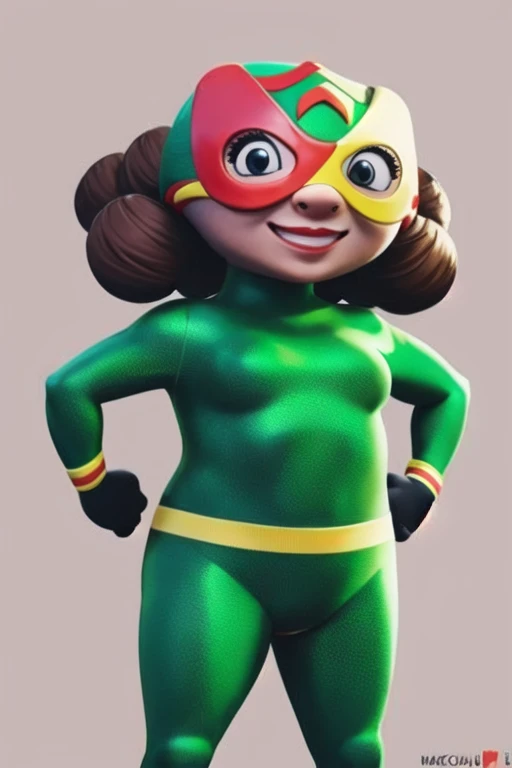 masterpiece, best quality, mamaLucha, 1girl, solo, smile, solo, purple background, hands on hips, simple background, smile, mask, brown hair, looking at viewer, green shirt, green bodysuit, <lora:mamaLucha:0.7> disfraz