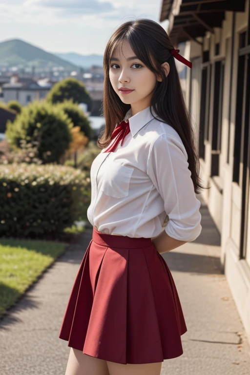 1 woman, 22yo, realistic, masterpiece, high detailed skin, looking at viewer, full body shot, scenic view, long hair, black hair
school uniform, stripped shirt, red skirt, red neck ribbon <lora:R&W_School_Dress_By_Stable_Yogi:1>