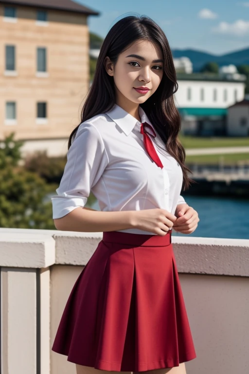 1 woman, 22yo, realistic, masterpiece, high detailed skin, looking at viewer, full body shot, scenic view, long hair, black hair
school uniform, stripped shirt, red skirt, red neck ribbon <lora:R&W_School_Dress_By_Stable_Yogi:1>