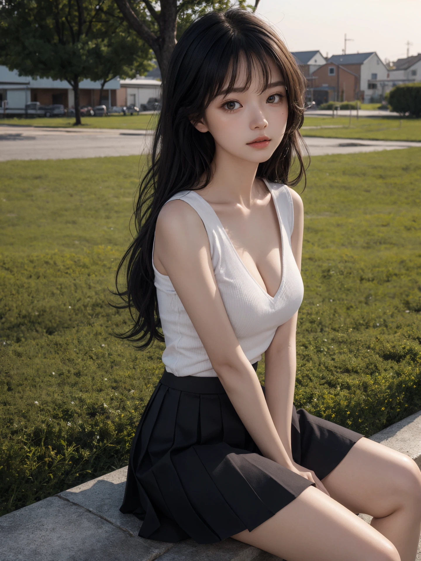 (masterpiece:1.4), (best quality:1.4), (absurdres), (detailed background:1.2), (looking at viewer), (character on center), 
(cowboy shot), (outdoors), town,sunset,sitting,
(medium breasts), 1girl,
(shiny skin:1.4), (alive skin:1.2), (pale skin), (natural wavy:0.8~1.2), (no bangs), long hair, (black hair),
bare legs, shirt with tight skirt,
curious fcae,
