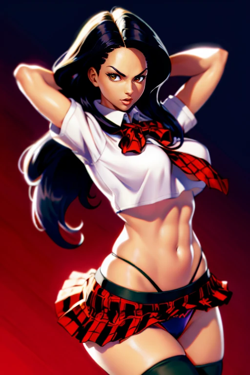 masterpiece,best quality,extreme detail,8k,<lora:laura:0.8>,laura2,1girl,solo,long hair,breasts,looking at viewer,skirt,large breasts,shirt,black hair,thighhighs,bow,navel,cleavage,brown eyes,jewelry,underwear,school uniform,panties,thighs,pleated skirt,midriff,dark skin,arms up,bracelet,official alternate costume,dark-skinned female,lips,crop top,plaid,black panties,red skirt,highleg,wavy hair,plaid skirt,arms behind head,thong,green background,toned,asymmetrical hair,highleg panties,electricity,