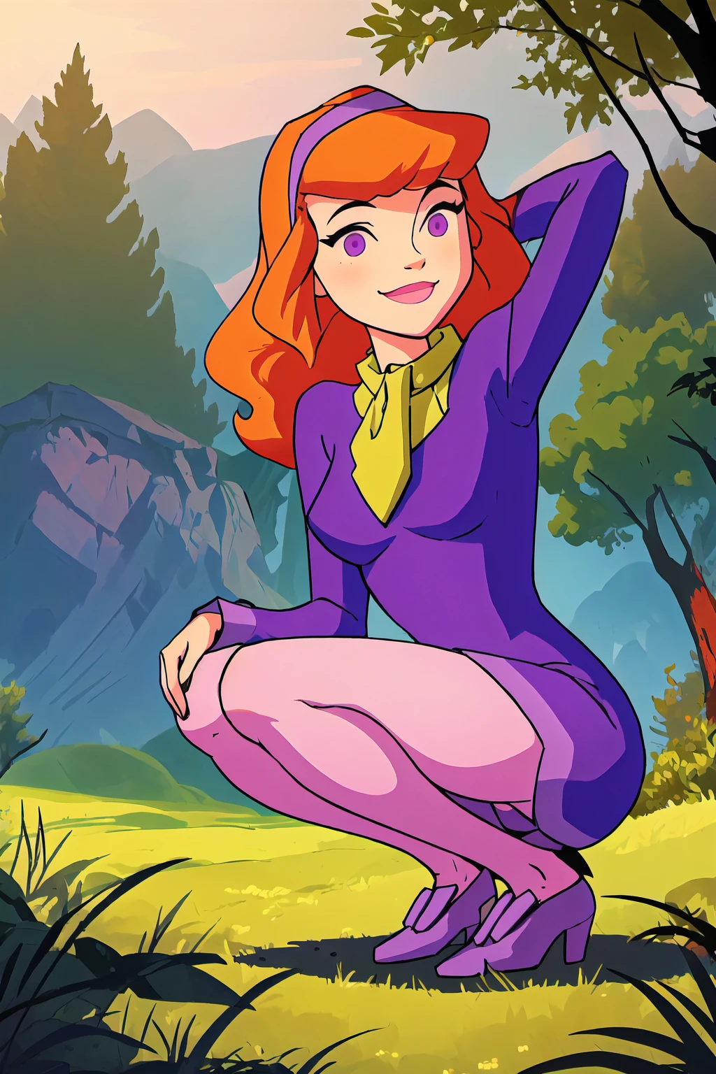 dbv1, orange hair, hairband, purple dress, short dress, pink pantyhose, purple eyes, 1girl, smile, looking at viewer, forest background, arms behind head, squatting, cameloe, from below, <lora:DaphneBlake-step00001900:1.0>