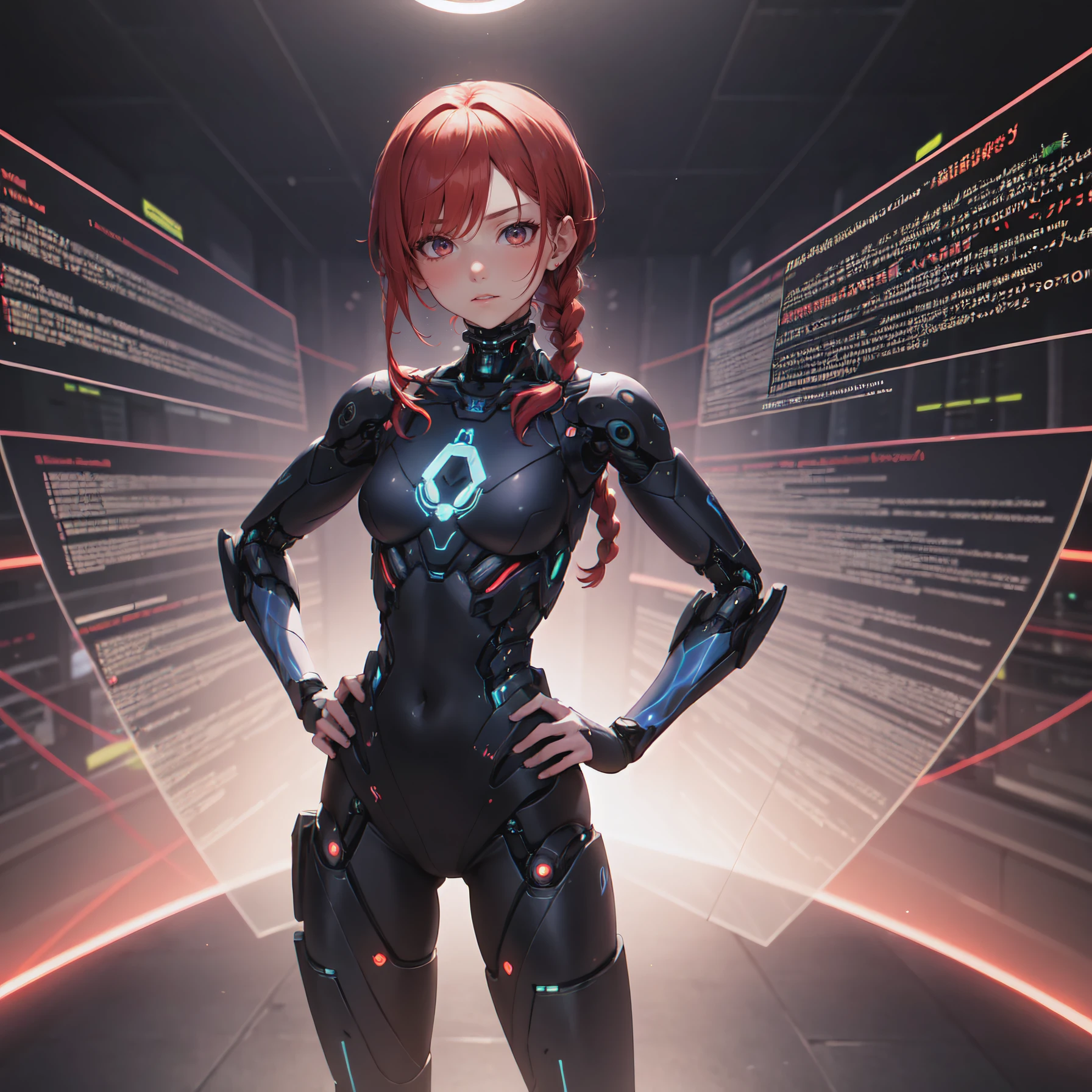 1girl red hair, side braid, mage, parted bangs, cybernetic news network, holographic news anchors, real-time updates, digital journalism, alternative media, sulking, Standing with hands on hips