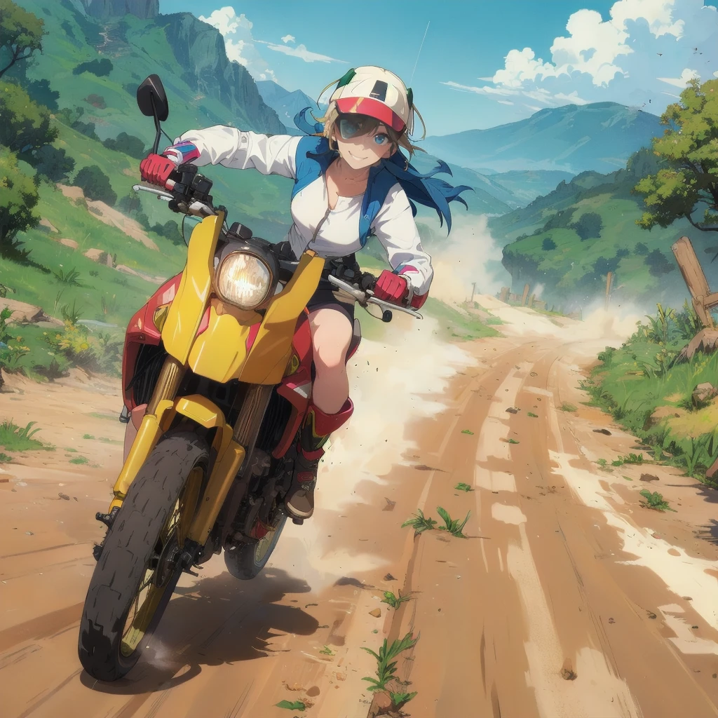 (cel_shading),
1girl,flight goggles,riding a motobi \(mtb umk\),smile,dirt road,dust,
BREAK masterpiece,best quality,