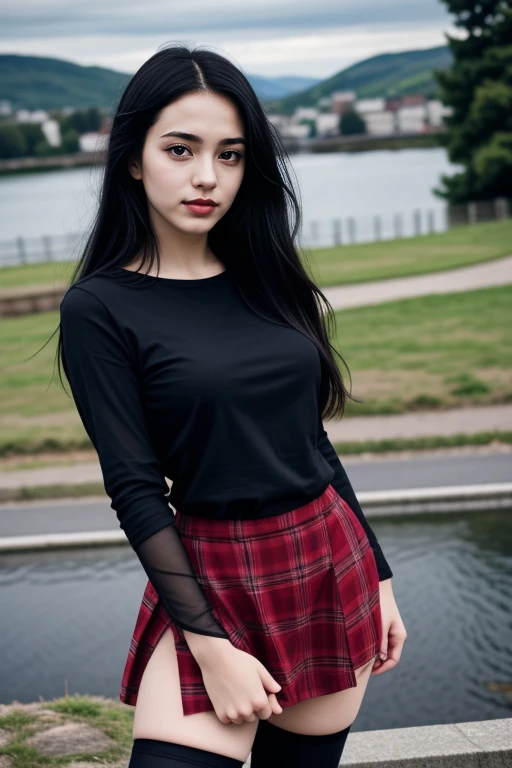 1 woman, 22yo, realistic, masterpiece, high detailed skin, looking at viewer, full body shot, scenic view, long hair, black hair
black shirt, microskirt, thighhighs, red plaid skirt, fishnets
<lora:
