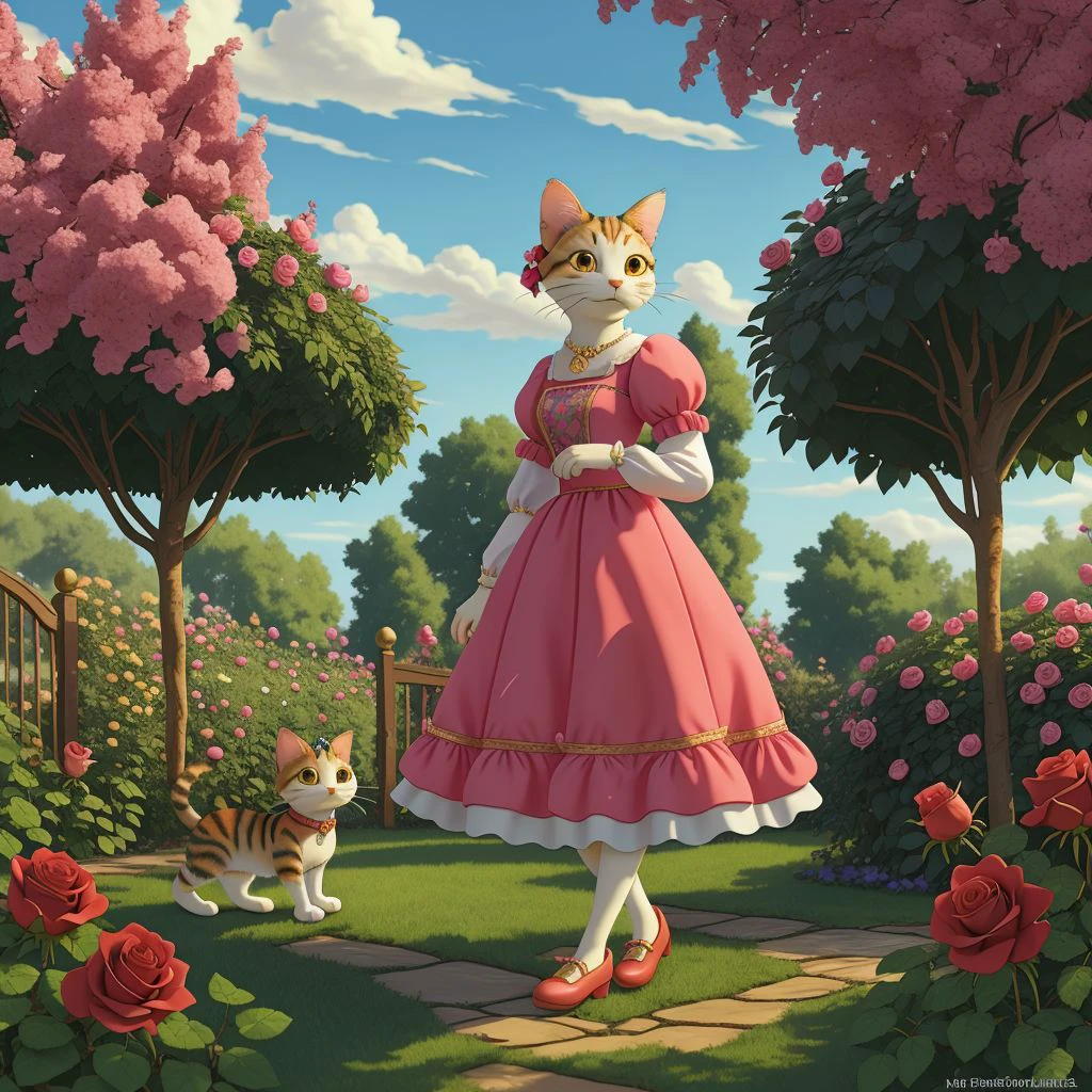 A Disney princess HuMeow in her rose garden <lora:SD15-HuMeow-LoRA:1>