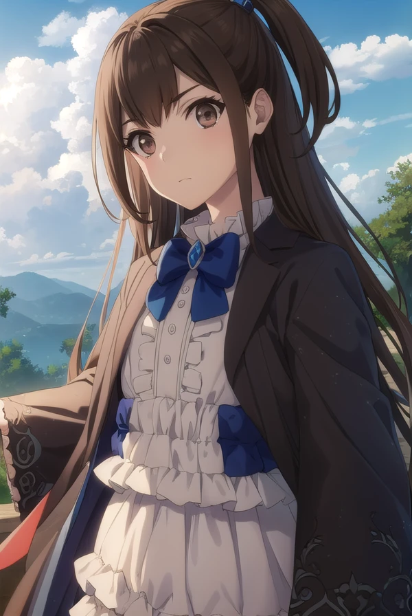 kizunakazayama, <lora:kizuna kazayama s2-lora-nochekaiser:1>,
kizuna kazayama, long hair, brown hair, (brown eyes:1.5), two side up,
BREAK long sleeves, dress, bow, frills, wide sleeves, bowtie, cape, blue bow, brooch, green dress, black cape,
BREAK outdoors, forest, nature, sky, sun, clouds,
BREAK looking at viewer, (cowboy shot:1.5),
BREAK <lyco:GoodHands-beta2:1>, (masterpiece:1.2), best quality, high resolution, unity 8k wallpaper, (illustration:0.8), (beautiful detailed eyes:1.6), extremely detailed face, perfect lighting, extremely detailed CG, (perfect hands, perfect anatomy),