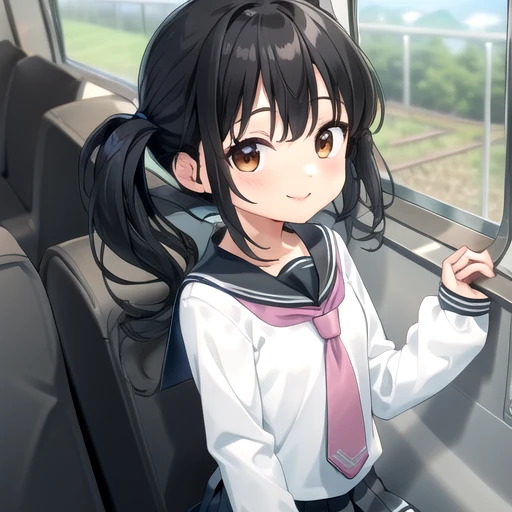 ((masterpiece)),(best quality),official art,extremely detailed CG,unity 8k wallpaper,ultra detailed,train interior,1girl,solo,upper body,(portrait:1.2),looking at viewer,petite,child,very long hair,twintails,black hair,brown eyes,smile,school uniform,white shirt,serafuku,pink necktie,black thighhighs,pleated skirt,black skirt,loafers,<lora:Anjou Ruka(cur):0.8>,