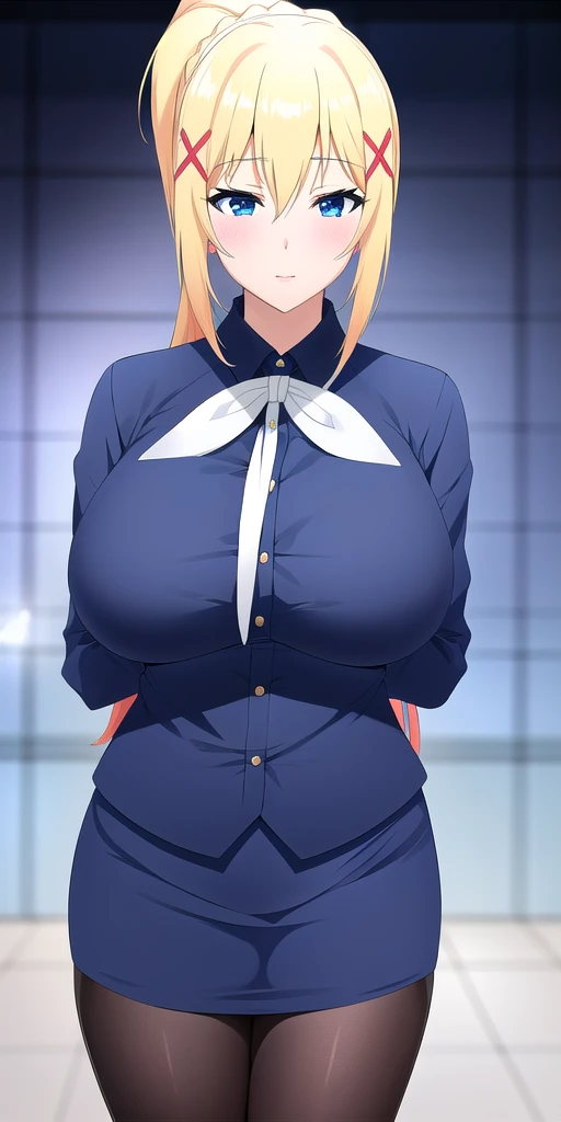 <lora:LalatinaV2:0.7> lalatinadustinessford, huge_breasts, standing, solo, Blue_skirt_suit_white_neckerchief_Black_pantyhose_Pencil_skirt_Miniskirt, starry_sky,, masterpiece, best quality, detailed face, detailed eyes, highres,