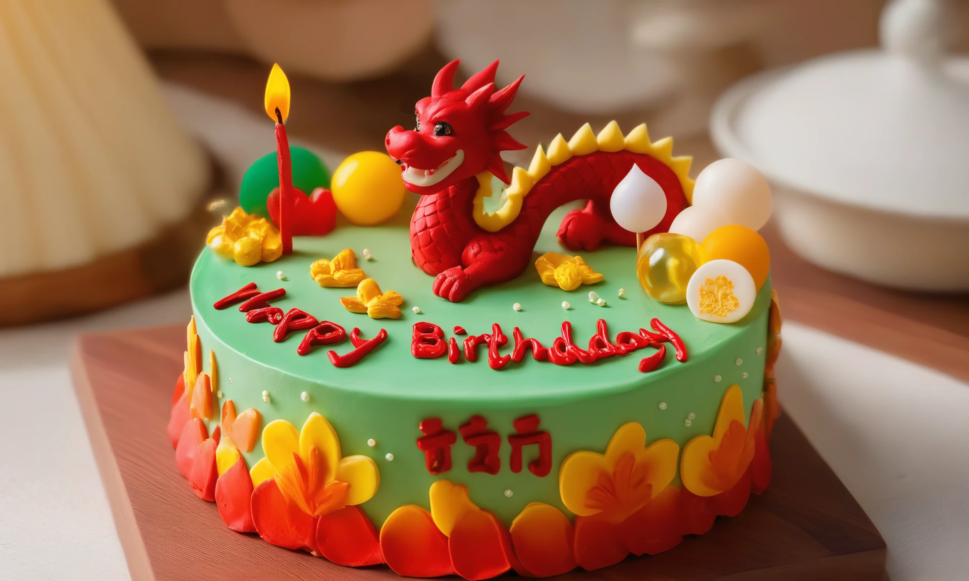 gourmet food photo of <lora:cakecd_xl-000005:0.8>,a single tiered round cakecd_xl was placed on the table,and on the top was a chinese dragon-chibi,and that says "Happy Birthday",simple background,fine art,detailed,indoors,chinese zodiac,tilt-shift,miniature,cute and lovely,still life,from front,looking at viewer,no humans . soft natural lighting,macro details,vibrant colors,fresh ingredients,glistening textures,bokeh background,styled plating,wooden tabletop,garnished,tantalizing,editorial quality,8K,HDR,UHD,masterpiece,best quality,highly detailed,high resolution,finely detail,extremely detailed,ultra detailed,wallpaper