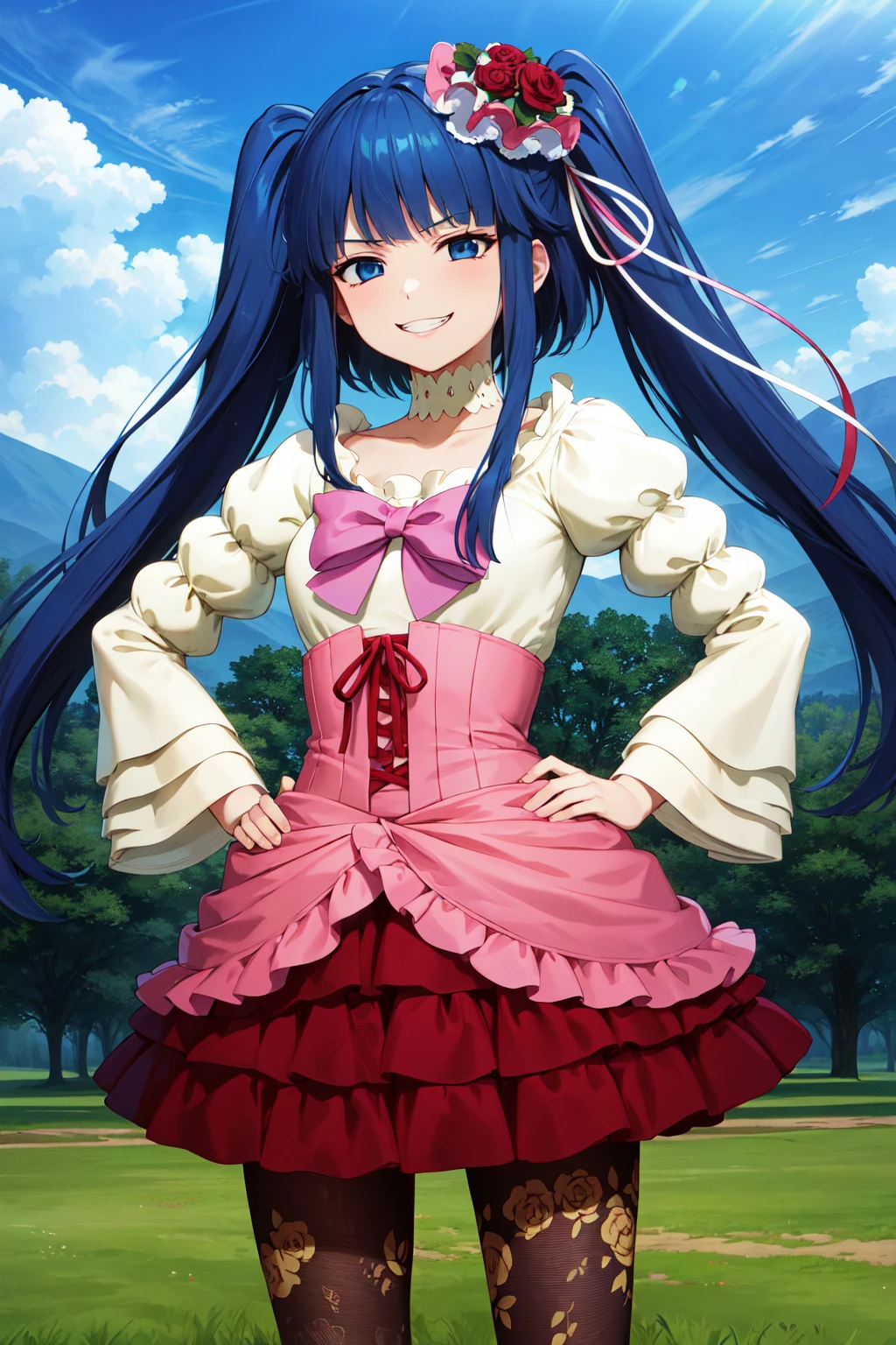 masterpiece, best quality, highres, aaerika, long hair, twintails, hair ornament, choker, pink bow, frilled dress, layered dress, pantyhose, print legwear, <lora:furudo_erika_v1:0.7>, standing, cowboy shot, grin, outdoors, hand on hip,