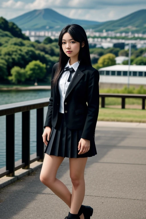 realistic, masterpiece, high detailed skin, looking at viewer, full body shot, scenic view, long hair, black hair
<lora:Black_White_School_Dress_By_Stable_Yogi:0.8> school uniform, black jacket, long sleeves, collared shirt, white shirt, neck ribbon, grey skirt, black socks, footwear