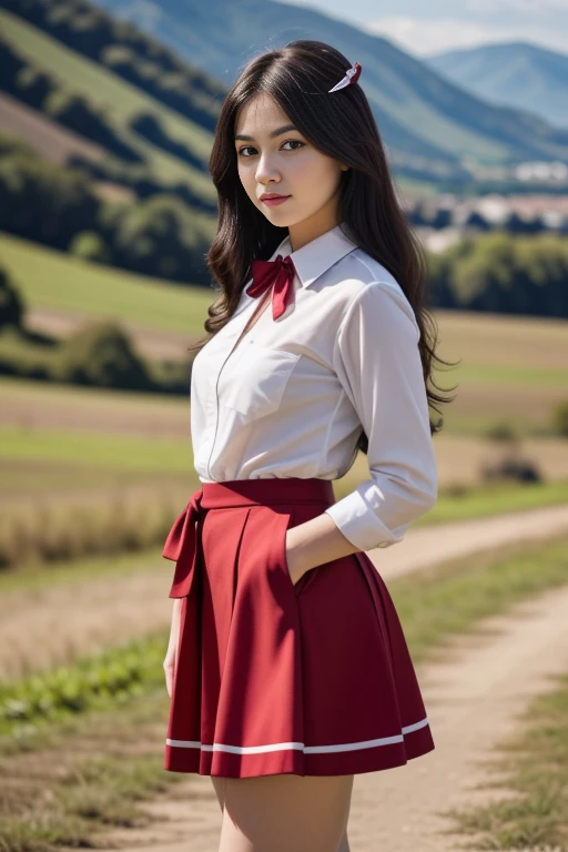 1 woman, 22yo, realistic, masterpiece, high detailed skin, looking at viewer, full body shot, scenic view, long hair, black hair
school uniform, stripped shirt, red skirt, red neck ribbon <lora:R&W_School_Dress_By_Stable_Yogi:1>