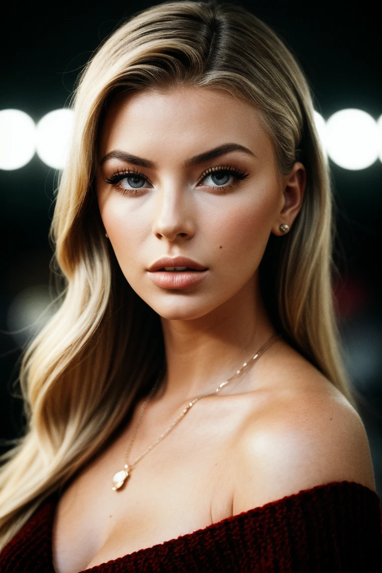 photo of (m1kayladem:0.99), a beautiful woman, perfect blonde hair, (modern photo, Bisque ribbon trim), closeup portrait, 85mm, (analog, cinematic, film grain:1.3), (psychedelic city:1.2), detailed eyes, (seductive pose), (epicPhoto), (looking at viewer), earrings, (cinematic shot:1.3)