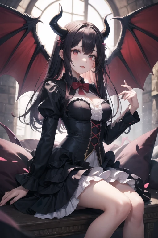 1girl,fantasy,demon horns and wings,demon girl , long layered frilled dress, long sleeves, long skirt,in Castle