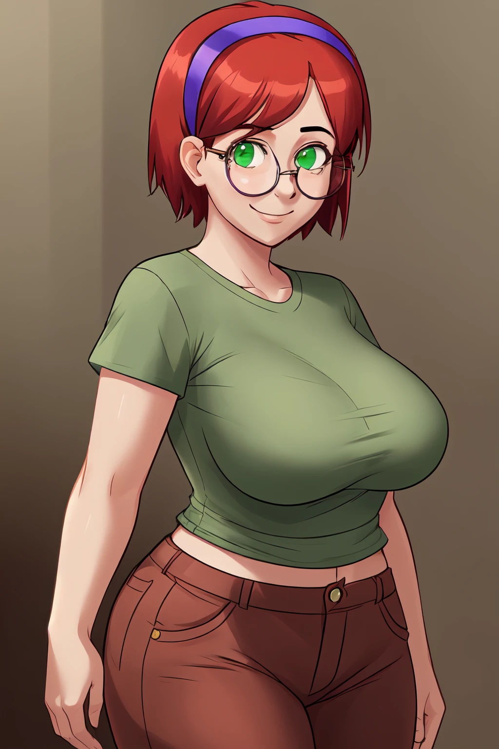 <lora:Judith_-_Summertime_Saga:0.6>, 1girl, breasts, short hair, red hair, glasses, round eyewear, green eyes, hairband, purple hairband, blue hairband,
shirt, brown pants, short sleeves, pants, green shirt, t-shirt,
curvy,
smile, looking at viewer, facing viewer, cowboy shot,